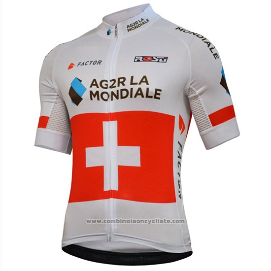 2018 Maillot Cyclisme Ag2r La Mondiale Champion Suisse Manches Courtes et Cuissard